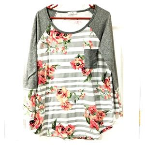 Long sleeve floral/striped shirt